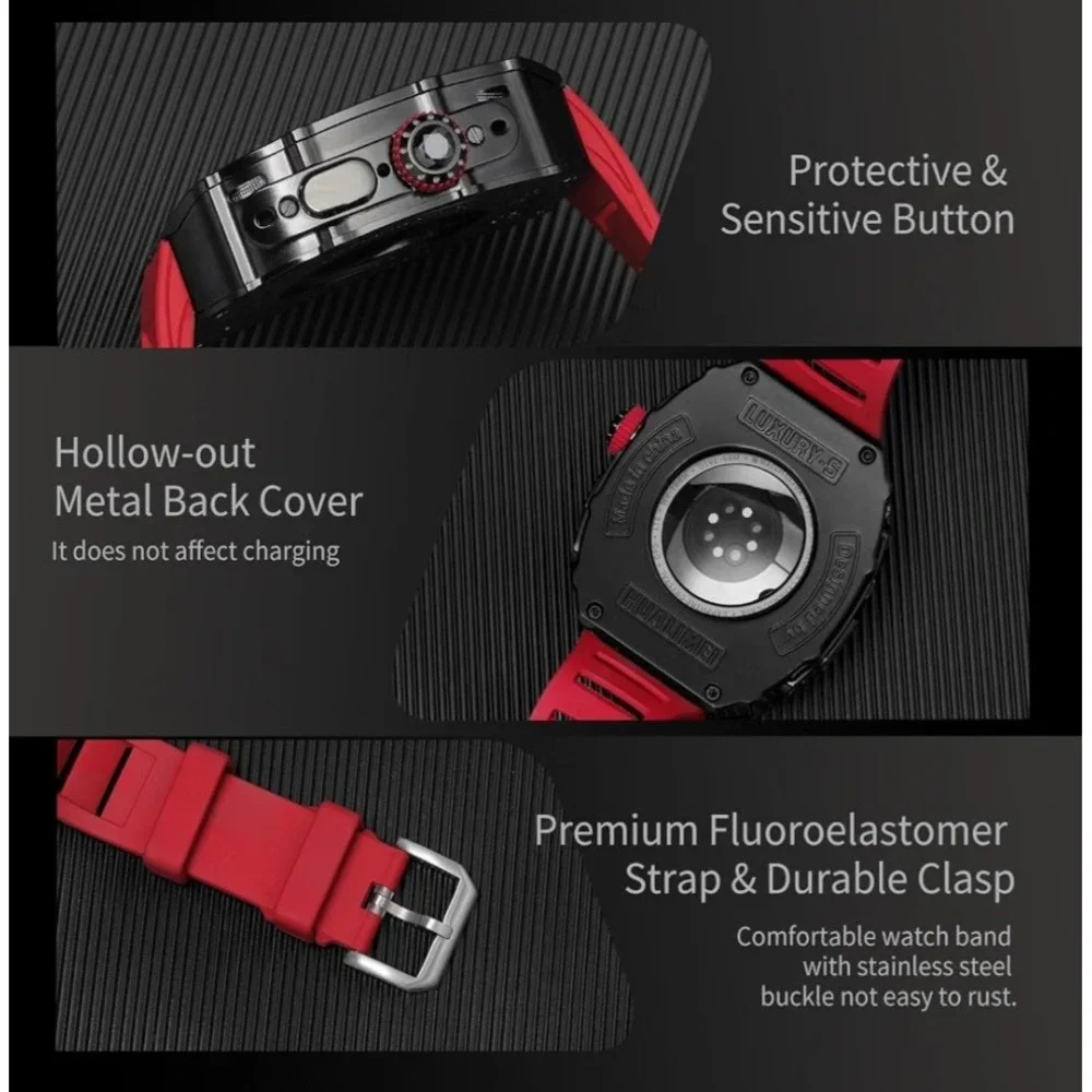 Hualimei Luxury Case Apple Watch Ultra 49mm Black Red Rugged Metal Band HLM49